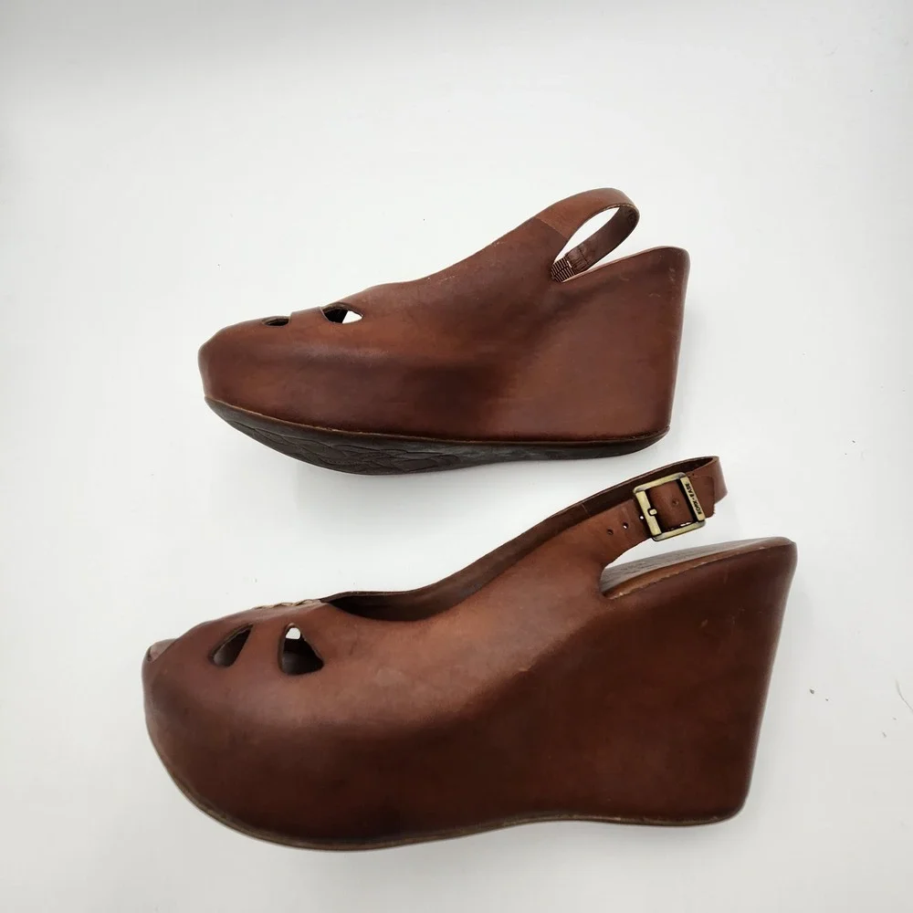 Kork-Ease Bette Tan Leather Platform Wedge Sandals Slingback Peep Toe Brown 9